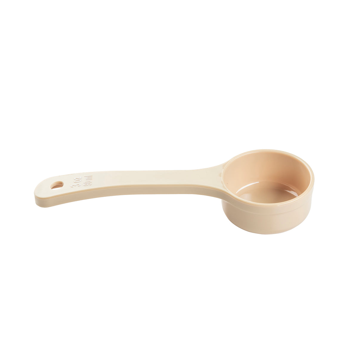 A beige polycarbonate measuring cup with a long handle, labeled with measurement markings, lies on a white background. This NSF-certified Spoonout cup is empty and positioned so the handle extends to the left. The design is simple and utilitarian.