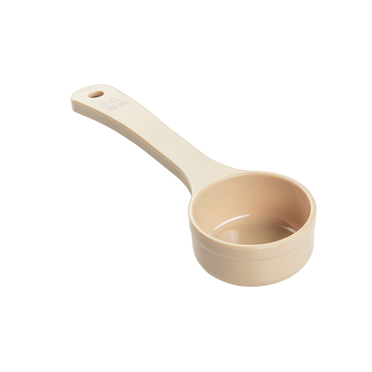 A beige Spoonout polycarbonate measuring cup with a long handle and a small hole at the end for hanging. The cup is empty, NSF certified, and has a 1/3 cup capacity clearly embossed on the handle. Shown on a plain white background.