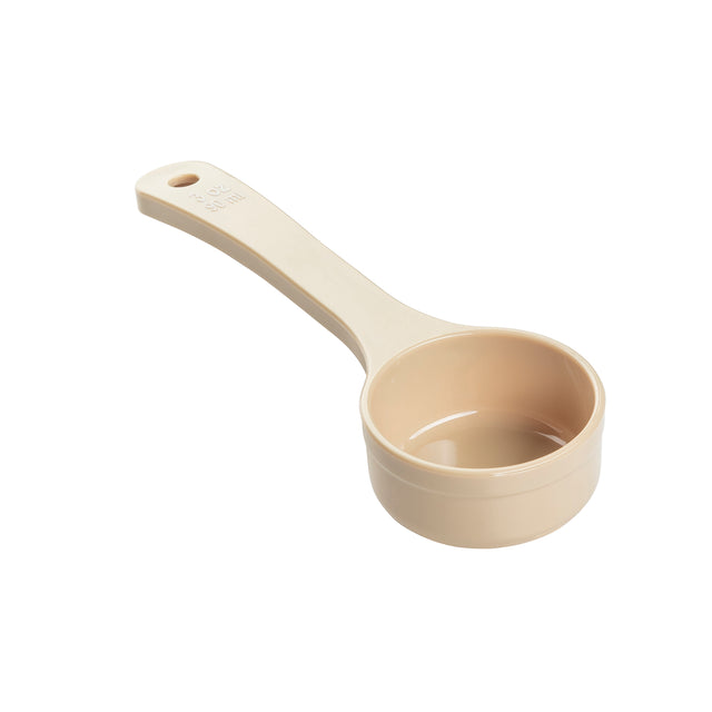 A beige Spoonout polycarbonate measuring cup with a long handle and a small hole at the end for hanging. The cup is empty, NSF certified, and has a 1/3 cup capacity clearly embossed on the handle. Shown on a plain white background.