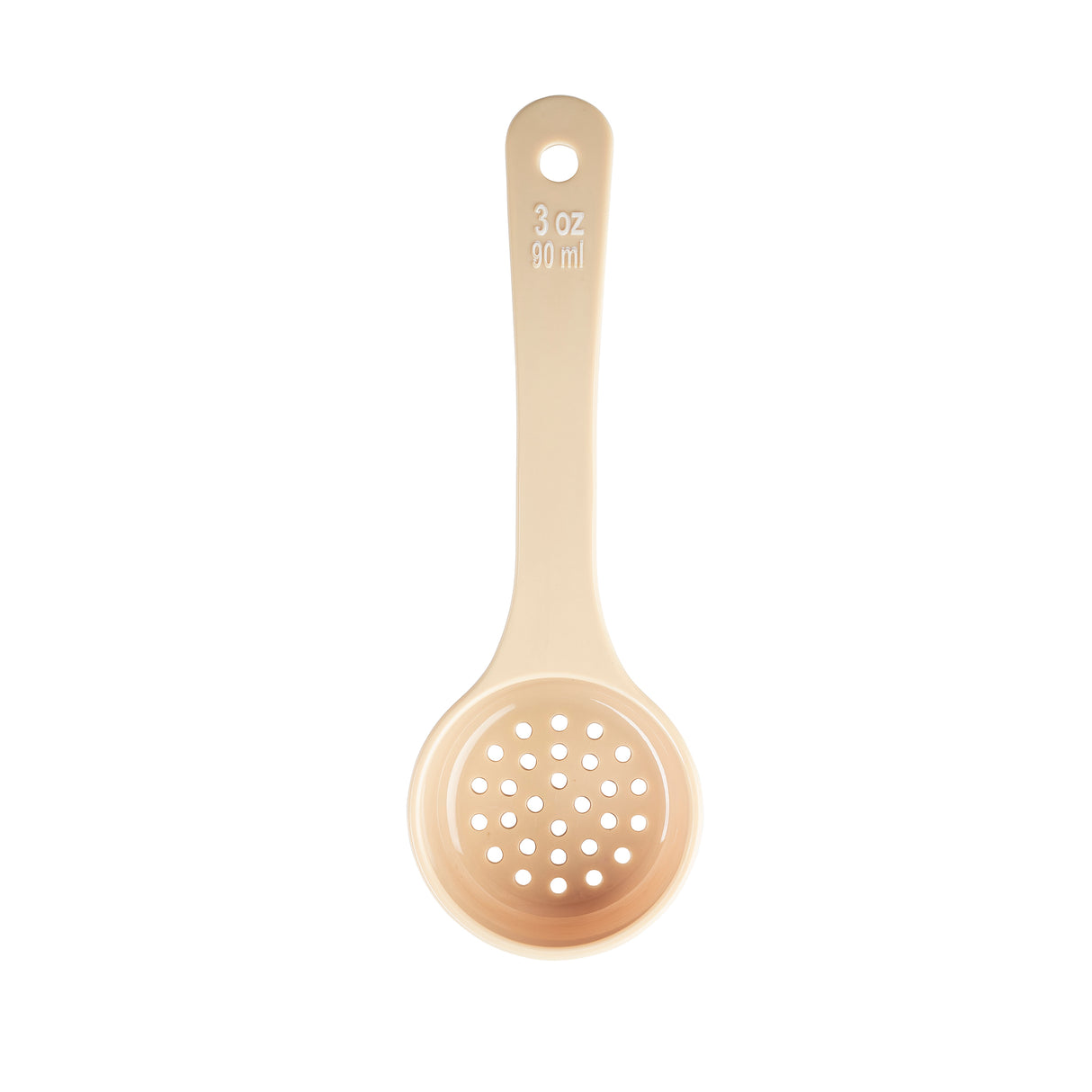 A beige polycarbonate kitchen strainer spoon with a circular perforated bowl featuring small holes at the bottom. The long handle has 3 oz 90 ml printed in white and includes a hanging hole at the end.