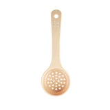 A beige polycarbonate kitchen strainer spoon with a circular perforated bowl featuring small holes at the bottom. The long handle has 3 oz 90 ml printed in white and includes a hanging hole at the end.