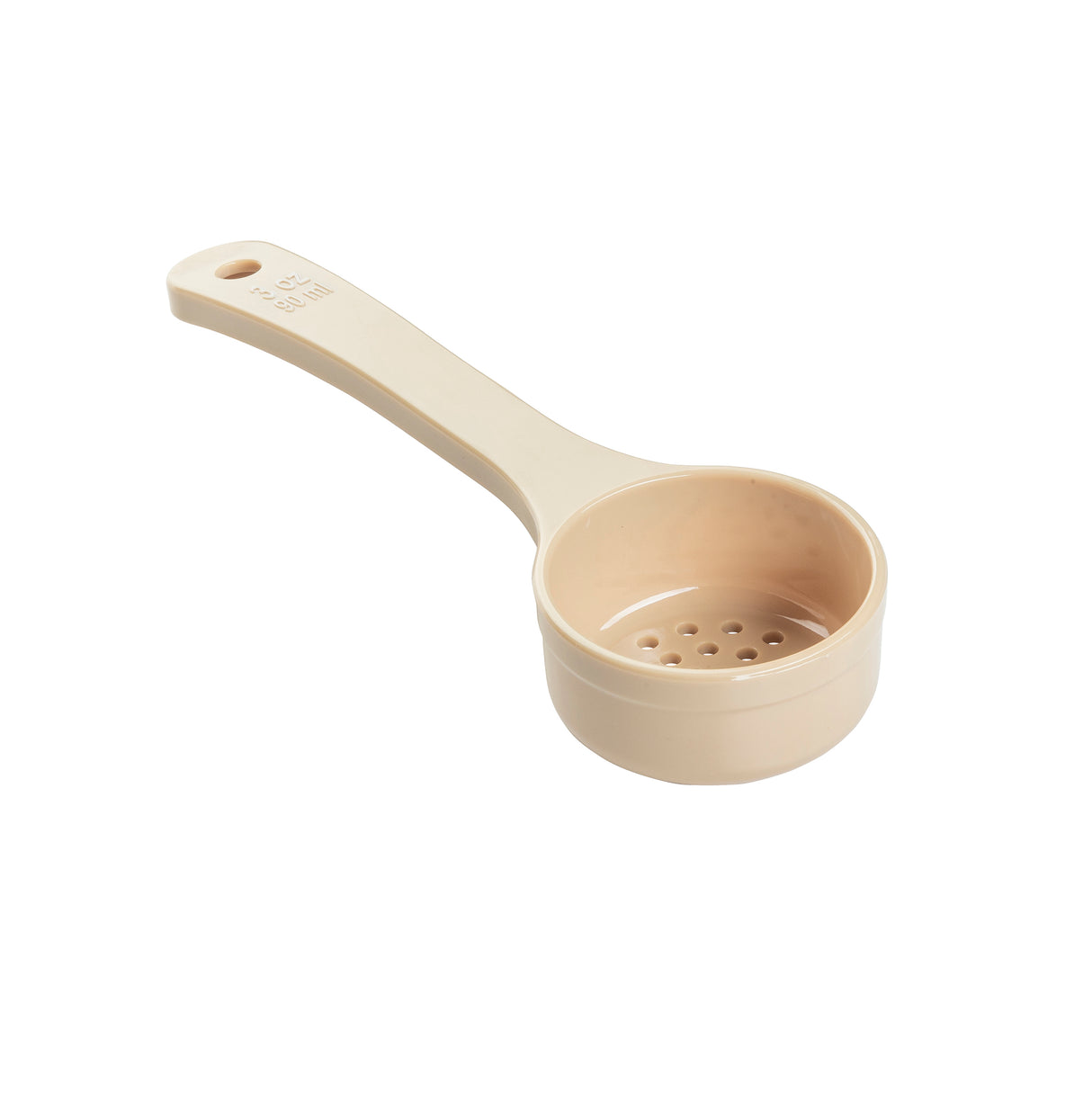 A beige Spoonout kitchen tool made of polycarbonate, with a flat handle and a round, shallow cup featuring perforated drainage holes for separating egg yolks from whites. The handle has a hole for hanging. The background is white.