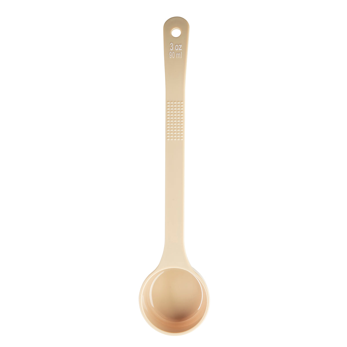 A beige polycarbonate measuring spoon shown from above. The spoon has a long handle with a textured grip, a hole at the end for hanging, and “3 oz 90 ml” printed near the top to indicate its capacity. The background is plain white.
