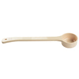 A beige polycarbonate measuring scoop with a long handle and small round cup, designed for precise spoonout of ingredients. The flat handle has a textured grip and a hole for hanging. The scoop rests on a white background.