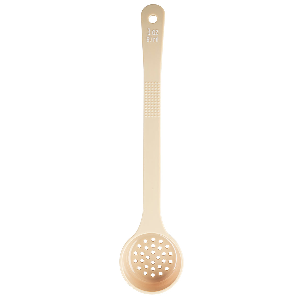 A beige polycarbonate kitchen spoon with a long handle, textured grip area, and a round, perforated bowl for straining. The handle is labeled “3 oz 90 ml” in white text. The Spoonout is shown on a plain white background.
