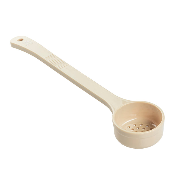 A beige polycarbonate Spoonout with a long handle and a round, shallow, perforated bowl. The handle features a textured grip and a hole at the end for hanging.
