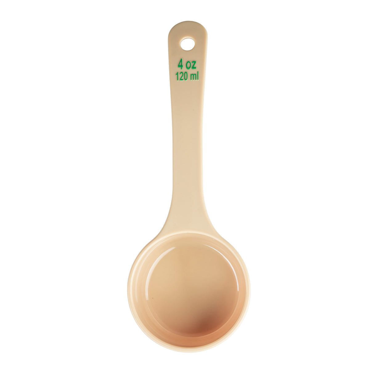 A beige polycarbonate Spoonout measuring cup with a long handle, viewed from above. The handle has green text reading “4 oz” and “120 ml,” plus a hole for hanging. Durable and NSF certified, the empty cup is isolated on a white background.