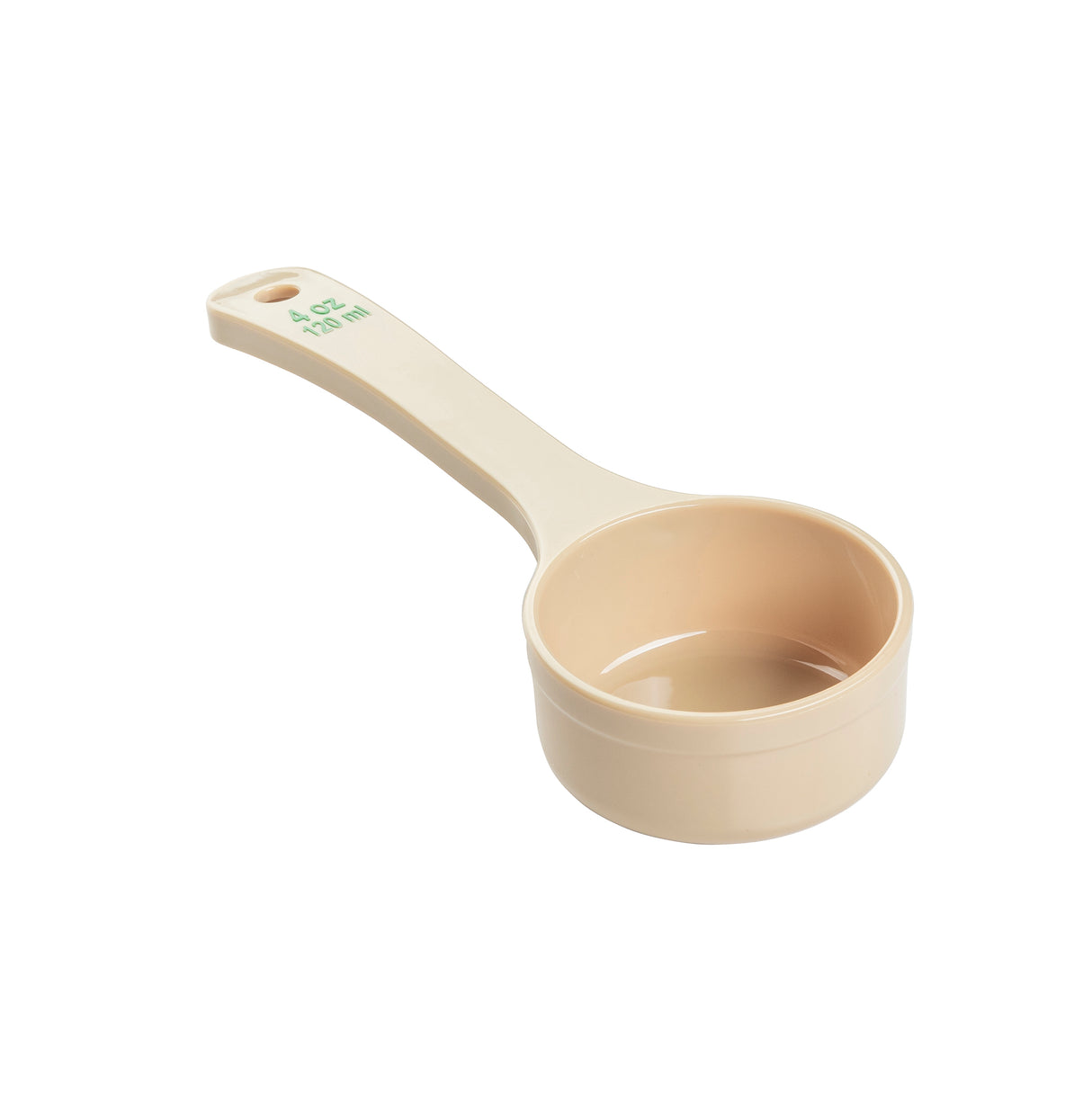 A beige polycarbonate measuring cup with a long handle and a small hole at the end. The handle features green text reading 1/3 CUP 79 mL. This NSF-certified Spoonout cup is empty and photographed on a white background.