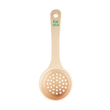 A beige polycarbonate perforated spoon with a round, straining bottom and a long handle labeled 4 oz and 120 ml in green text. NSF certified, this spoonout has evenly spaced holes for draining liquids. The background is white.