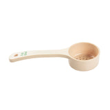 A beige polycarbonate spoon with a round, perforated spoonout bowl and a long handle. The bowl acts as a strainer, while the handle features green 12-gram markings, NSF certification, and a hanging hole at the end.