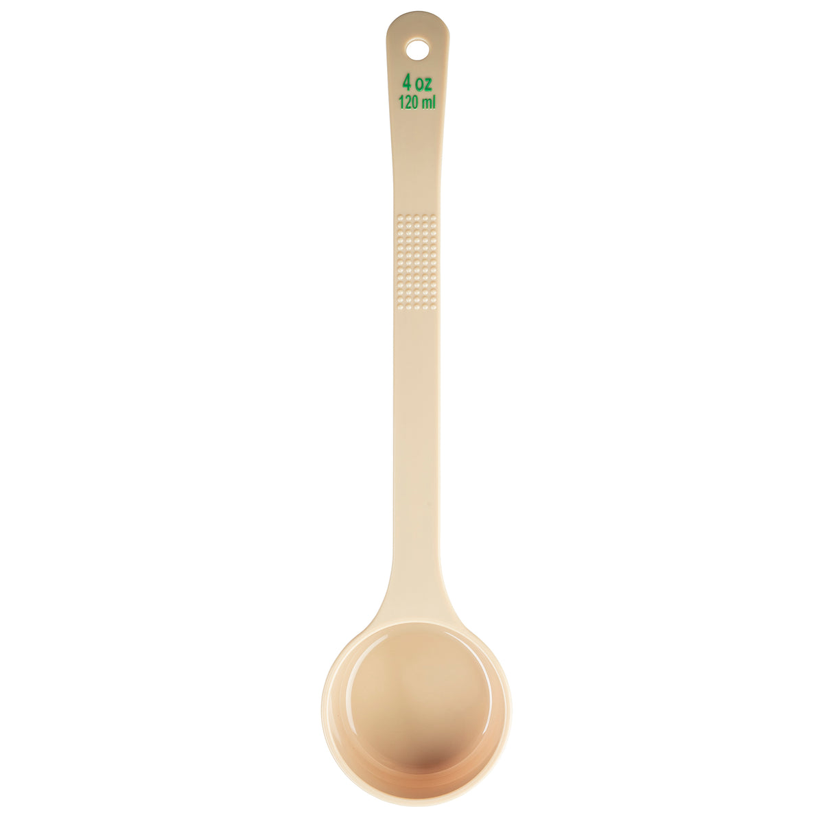 A beige Spoonout polycarbonate measuring cup with a long handle features a textured grip and “4 oz 120 ml” in green text near the top. The round, deep cup is ideal for measuring liquids or powders. Background is white.