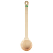 A beige Spoonout polycarbonate measuring cup with a long handle features a textured grip and “4 oz 120 ml” in green text near the top. The round, deep cup is ideal for measuring liquids or powders. Background is white.