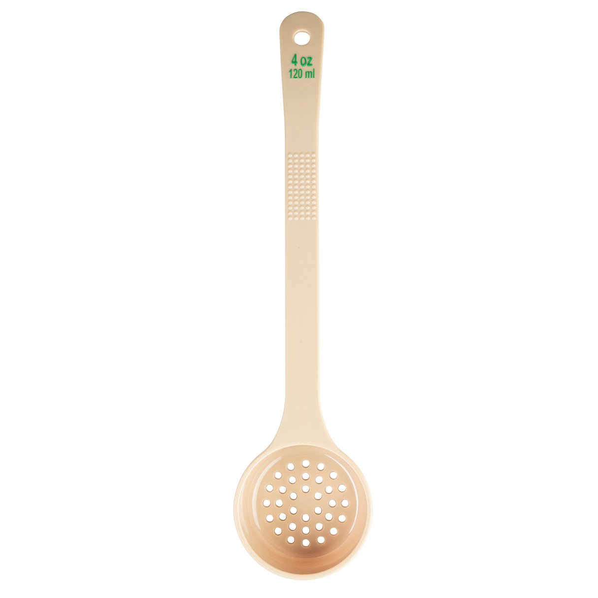A beige polycarbonate Spoonout with a long handle, perforated round head for straining, and “4 oz 120 ml” printed in green at the top. Textured grip area is visible, and this NSF ladle is both durable and practical.