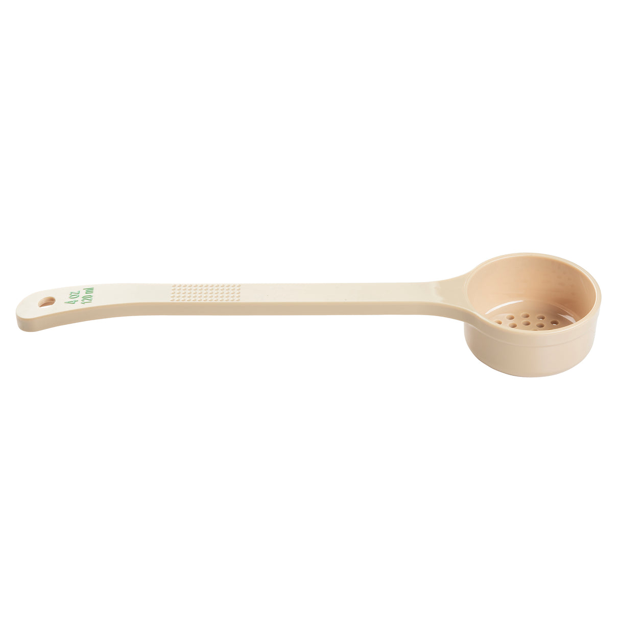 A beige polycarbonate spoon with a long handle and round, shallow scoop featuring small drainage holes. The handle has textured grips. This NSF skimmer or strainer spoon is ideal for cooking or serving.
