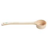 A beige polycarbonate spoon with a long handle and round, shallow scoop featuring small drainage holes. The handle has textured grips. This NSF skimmer or strainer spoon is ideal for cooking or serving.
