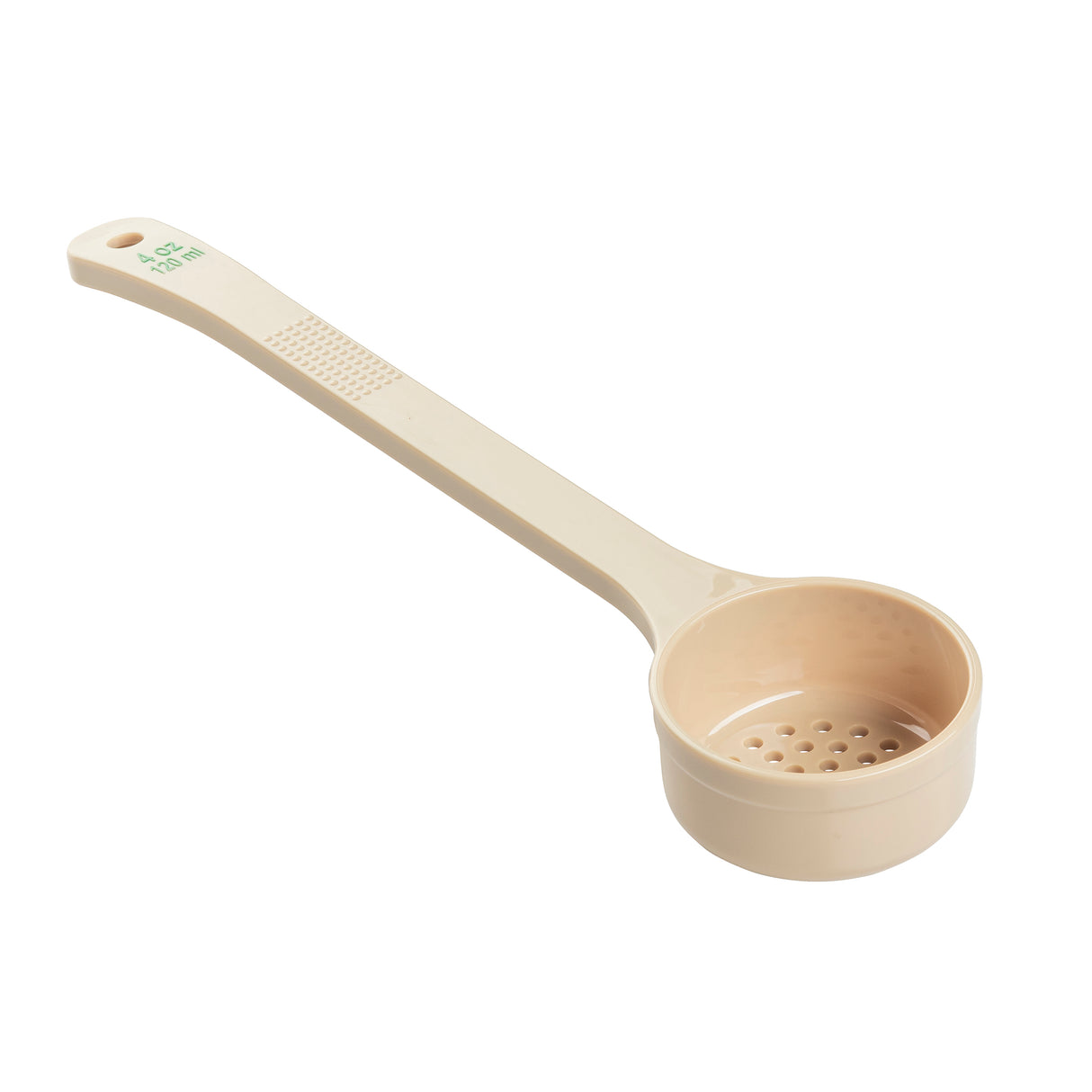 A beige polycarbonate spoon with a long handle and round bowl. The perforated Spoonout features small drainage holes, a textured grip for comfort, NSF certification, and a hole at the end of the handle for hanging.