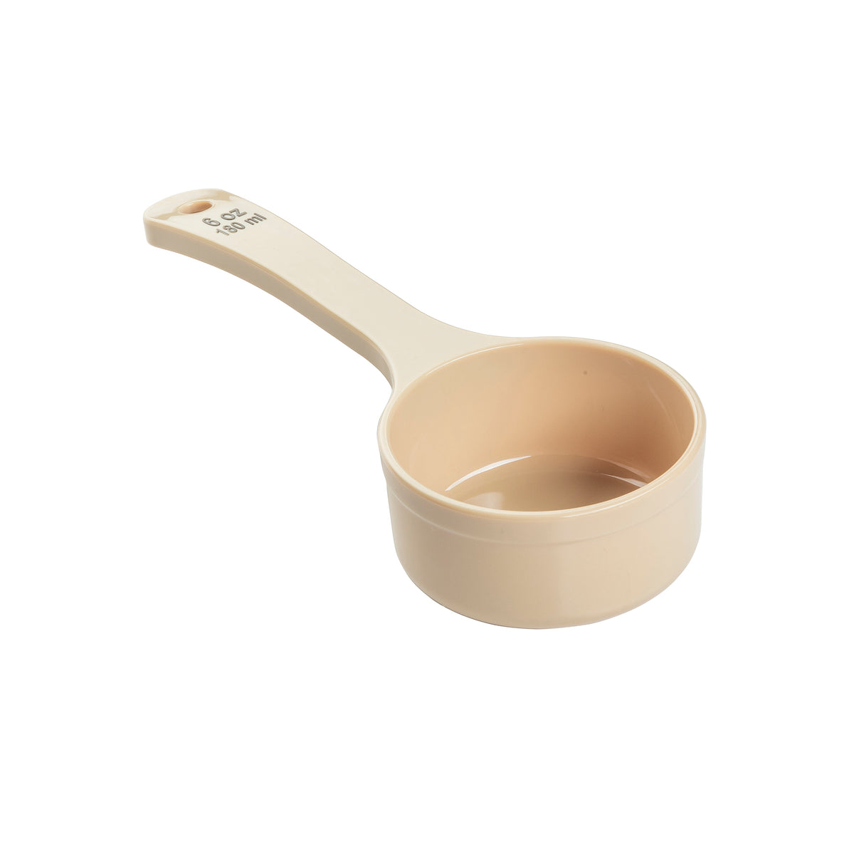 A beige Spoonout polycarbonate measuring cup with a long handle, labeled 8 oz 1 cup 237 ml. The round bowl has a flat base, and a small hole at the end of the handle allows for hanging. NSF certified; background is plain white.