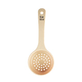 A beige polycarbonate slotted Spoonout with a round, perforated bowl and a flat handle. The handle is labeled 6 oz 180 ml in black text, indicating its capacity. The NSF-certified spoon is displayed on a white background, viewed from above.