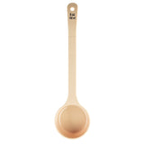 A beige polycarbonate ladle with a long handle and a round, deep bowl. The handle features textured grip dots and “6 oz”/“180 ml” measurements in black text. The ladle is photographed against a white background.