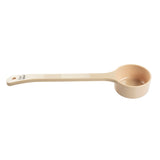A beige polycarbonate measuring scoop with a long handle. The round, deep Spoonout scoop features measurement markings printed on the handle, a small hole for hanging, and a smooth surface, oriented horizontally against a white background.