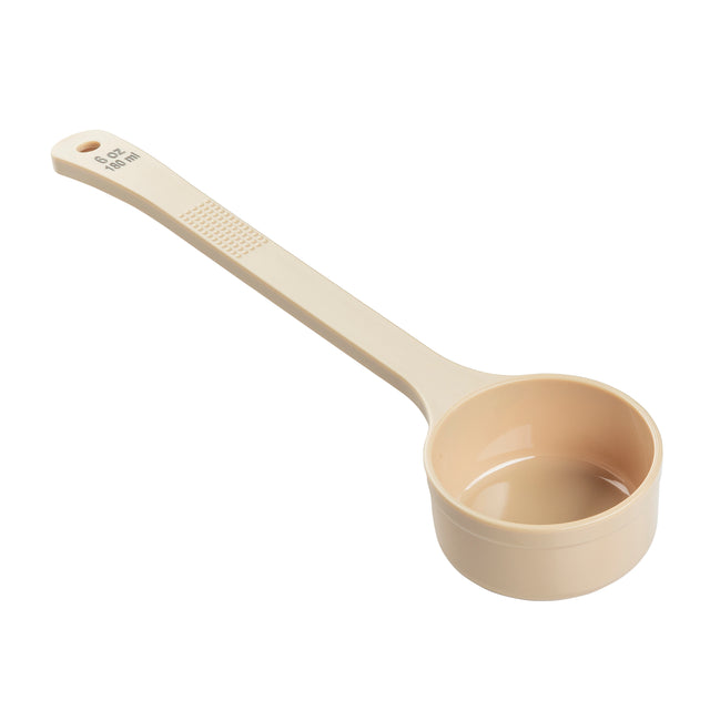 A white measuring spoon with a long handle, crafted from durable polycarbonate.