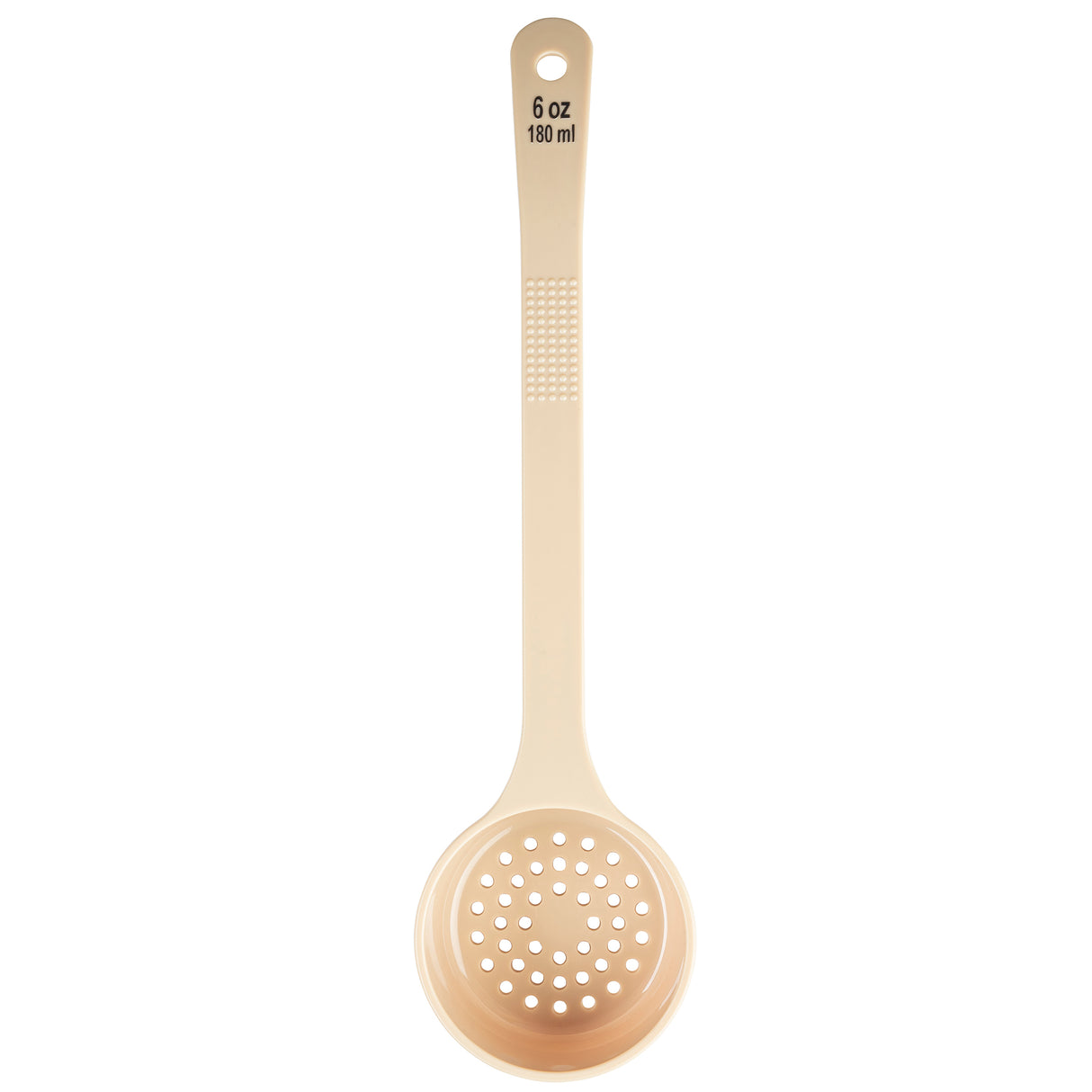 A beige polycarbonate perforated spoon with 6 oz and 180 ml printed on the handle. This NSF slotted spoon features a long, textured grip and a round, perforated scoop designed for straining liquids from foods.