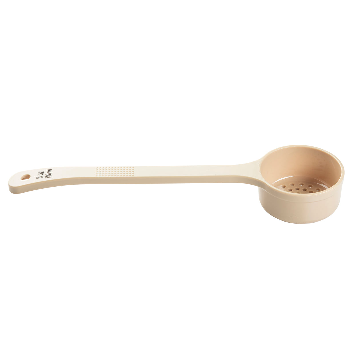 A beige polycarbonate spoon with a long handle and round, perforated scoop; the handle features measurement markings, NSF certification, and a hole for hanging. The perforated spoonout design is perfect for straining or portioning.