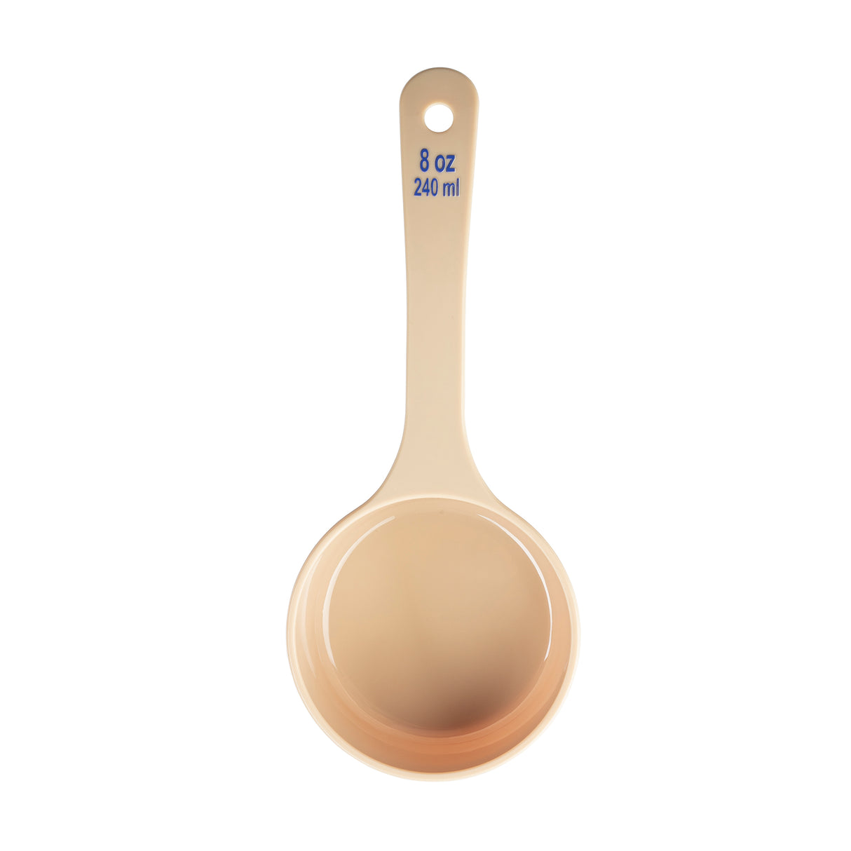 A beige polycarbonate measuring cup viewed from above, showing a round bowl and a long handle. The handle features blue text reading “8 oz” and “240 ml,” along with a hole for hanging. The Spoonout cup is clean and unfilled.
