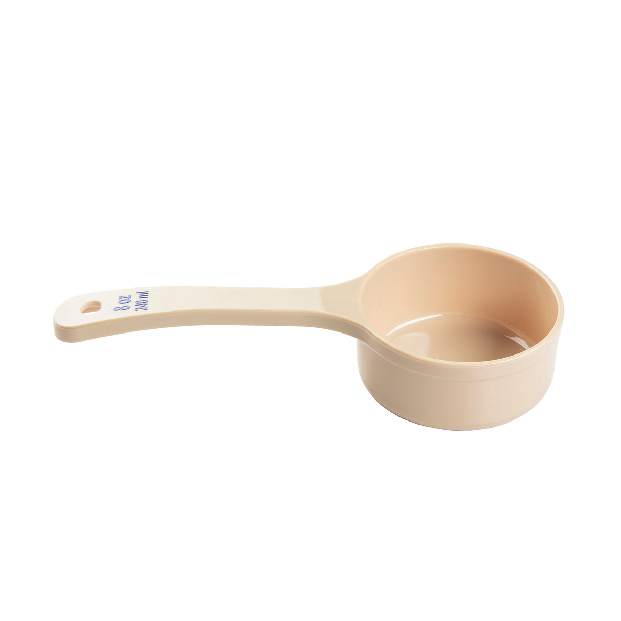 A beige polycarbonate measuring cup with a long handle, labeled “8 oz 240 ml” in blue text, sits empty and isolated on a white background. This NSF certified Spoonout cup is viewed from above and slightly to the side.