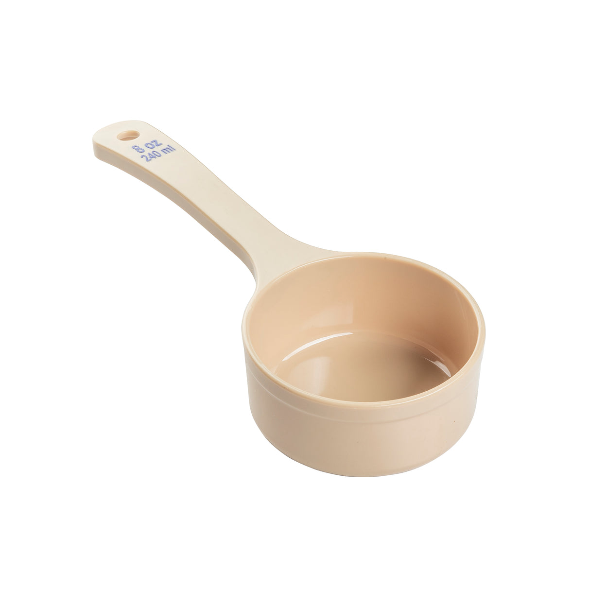 A beige polycarbonate measuring cup with a handle, marked 8 OZ and 1/4 QT in blue text near the base. This NSF-listed Spoonout cup is empty and set against a plain white background.