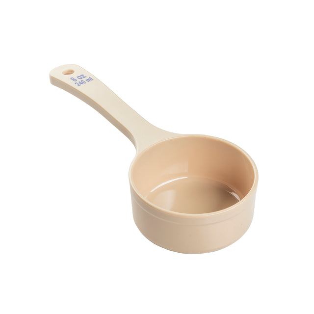 A beige polycarbonate measuring cup with a handle, marked 8 OZ and 1/4 QT in blue text near the base. This NSF-listed Spoonout cup is empty and set against a plain white background.