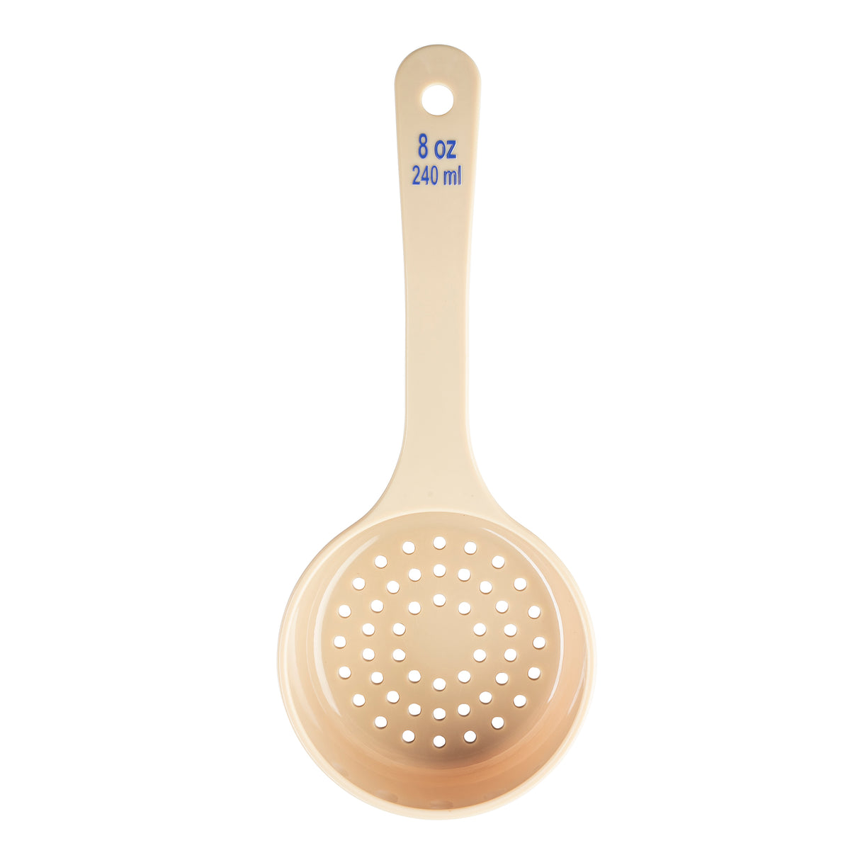 A beige polycarbonate strainer spoon with a round, perforated bowl and blue Spoonout text on the long handle, which reads 8 oz 240 ml. The handle features a hanging hole. The background is plain white.