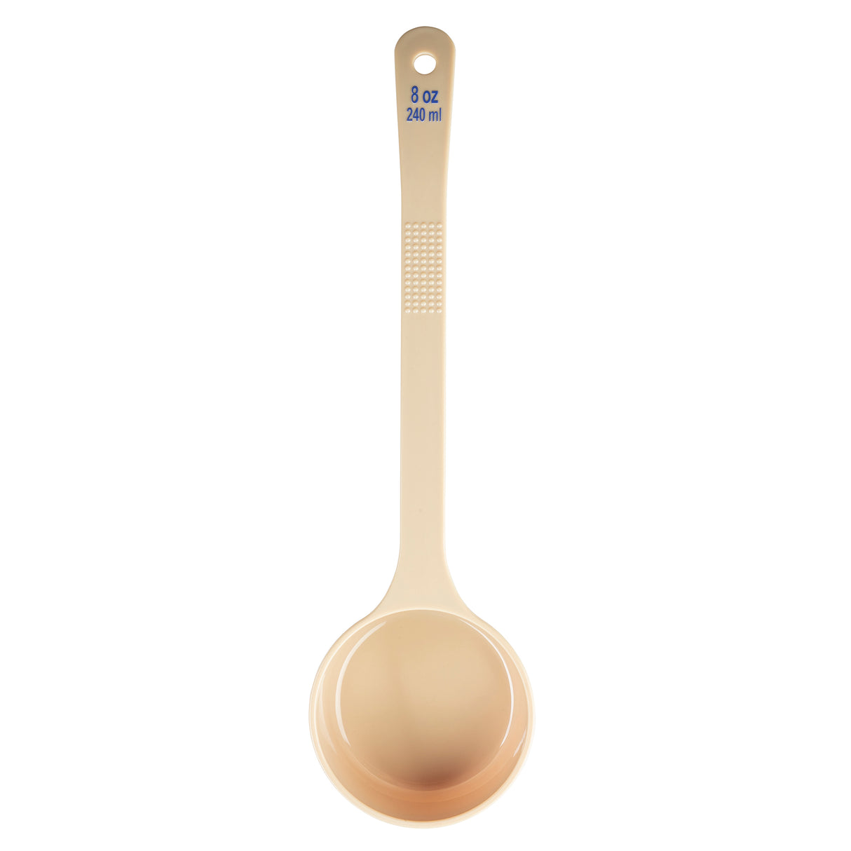 A beige polycarbonate measuring cup with a long handle, marked “8 oz” and “240 ml” in blue text near the top, is viewed from above on a white background. The handle features a textured grip area for easy spoonout.