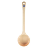 A beige polycarbonate measuring cup with a long handle, marked “8 oz” and “240 ml” in blue text near the top, is viewed from above on a white background. The handle features a textured grip area for easy spoonout.