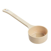 A beige polycarbonate measuring cup with a long handle. The handle features a textured grip and is marked with 3/4 cup and 180 ml in blue text. The empty, clean cup, ideal for Spoonout tasks, is photographed on a white background.