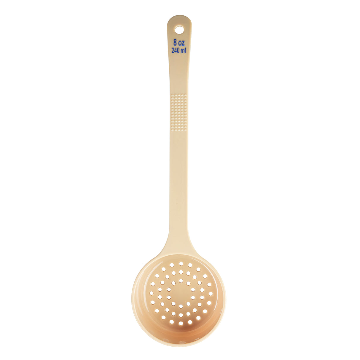 A beige polycarbonate perforated Spoonout with a round, slotted scoop and long handle. “8 oz 240 ml” is printed in blue at the top, and the handle features a textured grip near the scoop. The background is plain white.