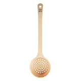 A beige polycarbonate perforated Spoonout with a round, slotted scoop and long handle. “8 oz 240 ml” is printed in blue at the top, and the handle features a textured grip near the scoop. The background is plain white.