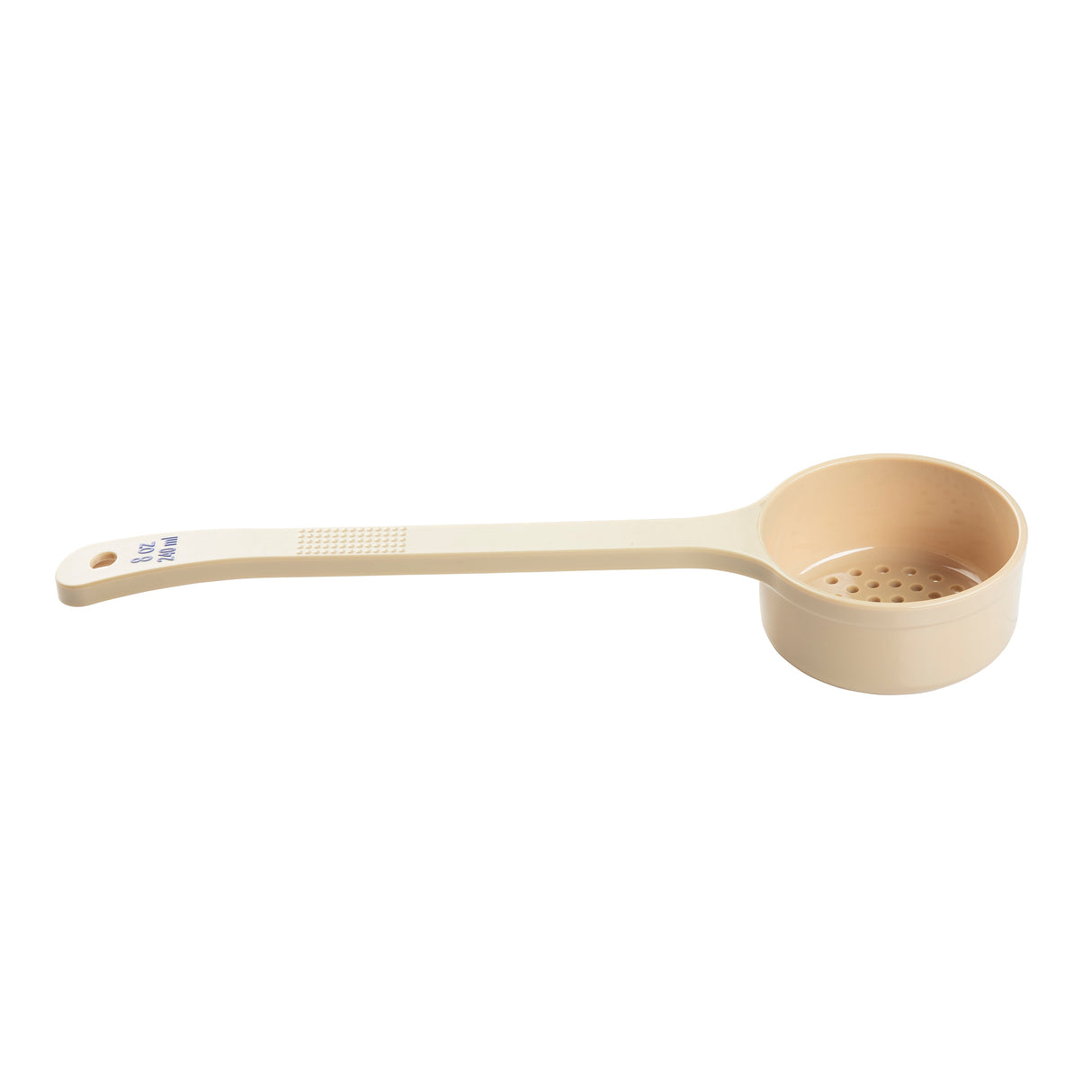 A beige polycarbonate kitchen tool with a long handle and a round, shallow scoop. The perforated Spoonout has multiple small holes for straining, plus text on the handle and a hole for convenient hanging storage.