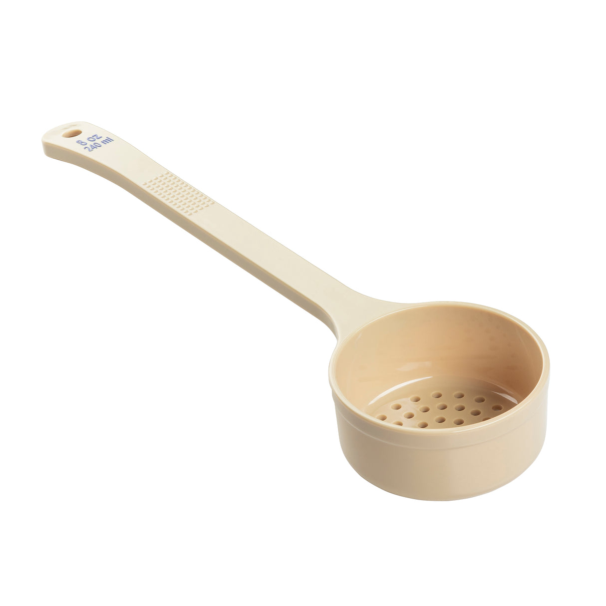 A beige polycarbonate scoop with a long handle and a round, shallow cup featuring small holes on the bottom for draining. The handle has a textured grip and a hole at the end for hanging.