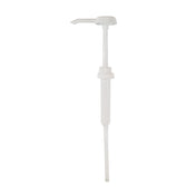 A white plastic Standard Pump dispenser with an 11" dip tube and angled spout, shown upright against a plain white background. The pump is fully extended, revealing its detachable tube that’s dishwasher safe for easy cleaning.