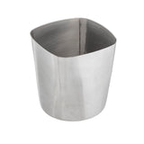 A modern, minimalist Fry Cup by TableCraft Products, crafted from brushed stainless steel with a rounded triangular shape, smooth curved edges, and a shiny metallic interior that beautifully reflects light.