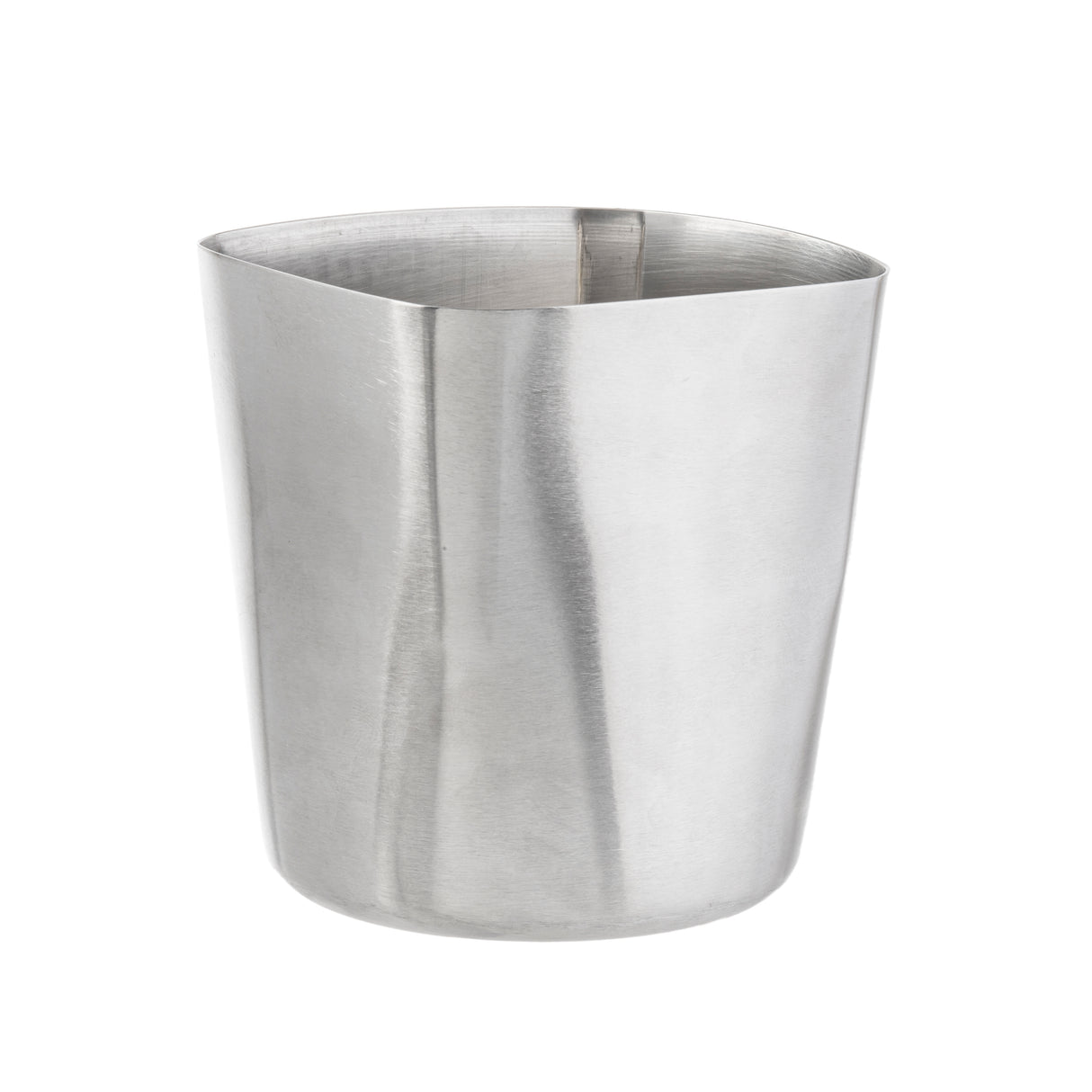 A shiny, silver stainless steel Fry Cup with a slightly curved body and a rounded, irregular rim is pictured against a plain white background. The metal from TableCraft Products reflects light, showing subtle lines and brushed texture.