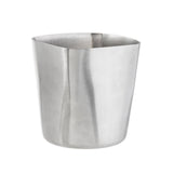 A shiny, silver stainless steel Fry Cup with a slightly curved body and a rounded, irregular rim is pictured against a plain white background. The metal from TableCraft Products reflects light, showing subtle lines and brushed texture.