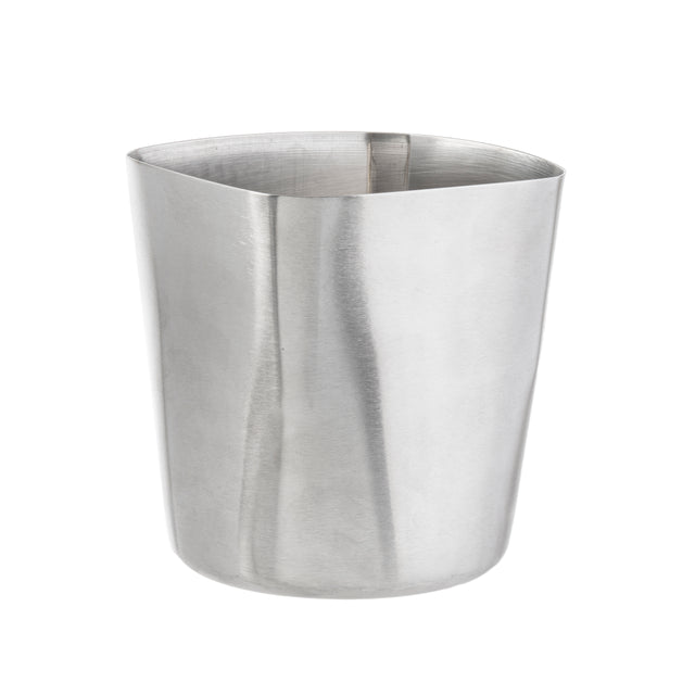 A shiny, silver stainless steel Fry Cup with a slightly curved body and a rounded, irregular rim is pictured against a plain white background. The metal from TableCraft Products reflects light, showing subtle lines and brushed texture.