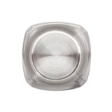 A top-down view of a round, stainless steel ashtray with a brushed finish by TableCraft Products. The ashtray has a raised edge and four evenly spaced grooves for holding cigarettes. The background is plain white.