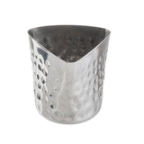 A stainless steel fry cup with a three-sided, rounded triangular rim and a hammered finish. The cup is silver, shiny, and modern with a smooth interior and slightly curved edges, making it both decorative and functional.