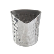 A stainless steel fry cup with a three-sided, rounded triangular rim and a hammered finish. The cup is silver, shiny, and modern with a smooth interior and slightly curved edges, making it both decorative and functional.