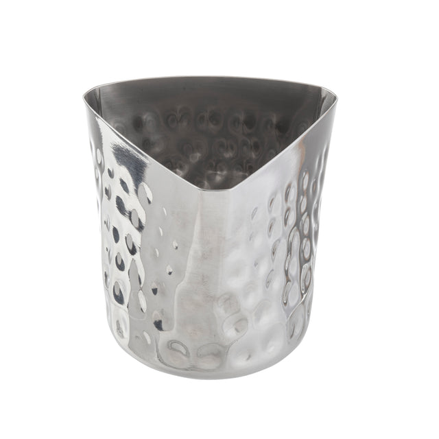 A stainless steel fry cup with a three-sided, rounded triangular rim and a hammered finish. The cup is silver, shiny, and modern with a smooth interior and slightly curved edges, making it both decorative and functional.