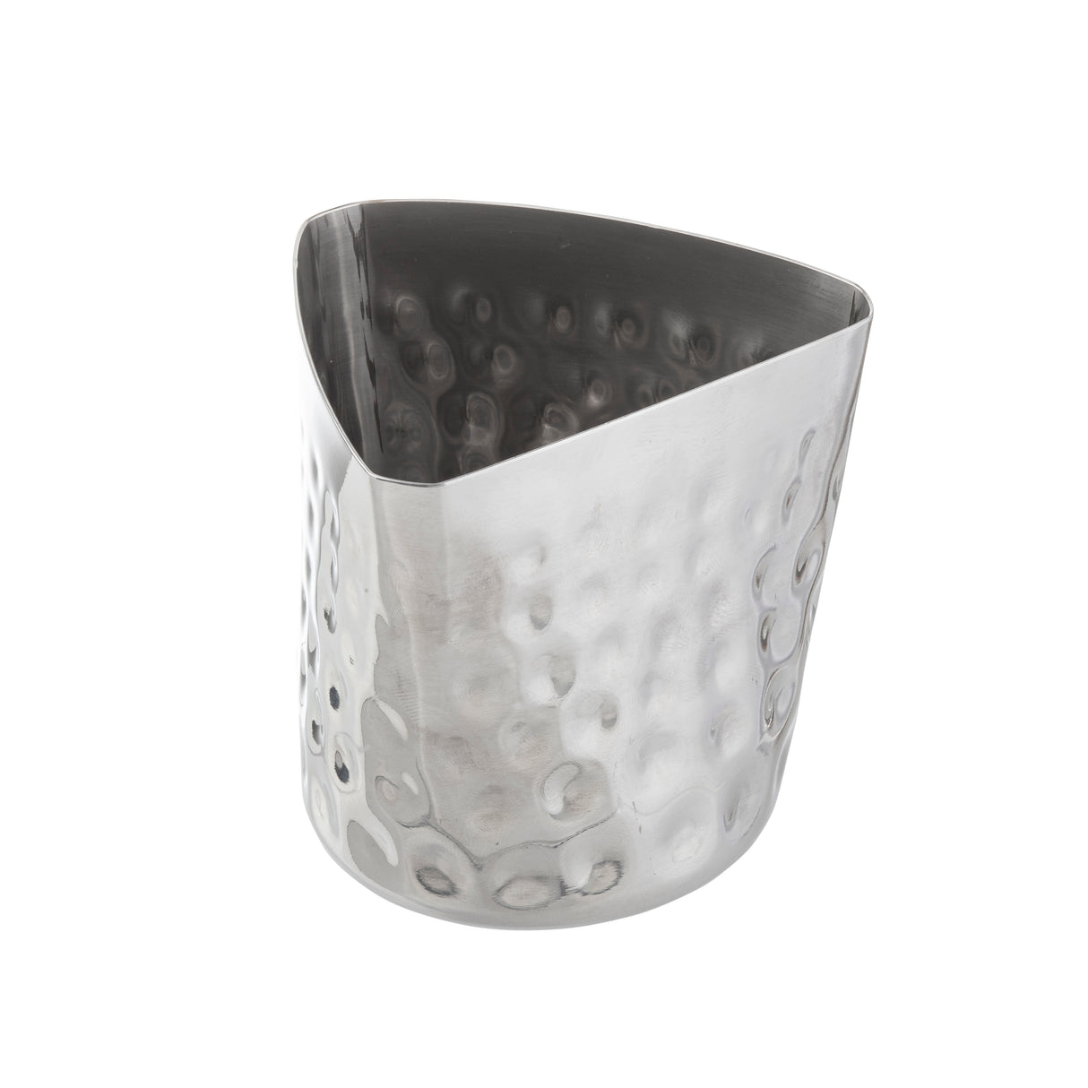 A silver, hammered finish stainless steel fry cup with a rounded triangular shape, featuring a textured surface with dimples. Photographed against a white background, it has smooth, reflective inner and outer surfaces.