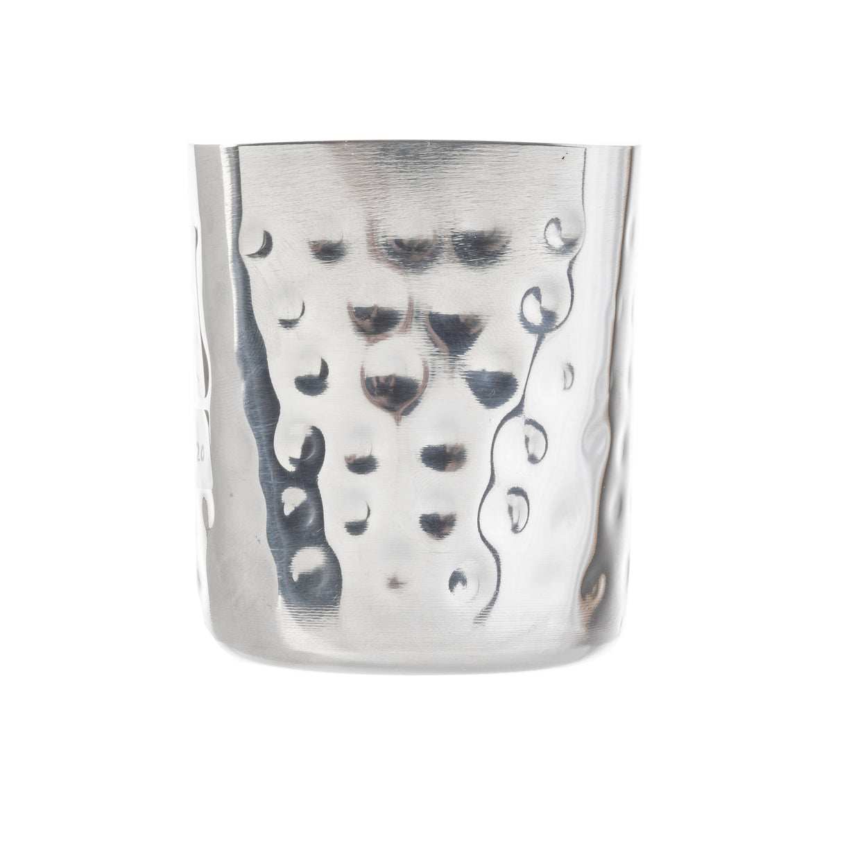 A shiny, stainless steel fry cup with a textured, hammered finish. The cup features irregularly spaced, round indentations and slight vertical ripples, creating a reflective pattern against the plain white background.